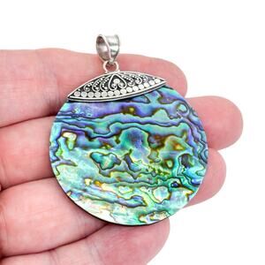 Estate Sterling Silver 925 Ornate Abalone Shell Disc Pendant